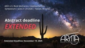 Stargazing desert landscape with saguaro cacti under a starry night sky and the Milky Way galaxy, promoting the ARMA 60th U.S. Rock Mechanics Symposium in Tucson, Arizona.